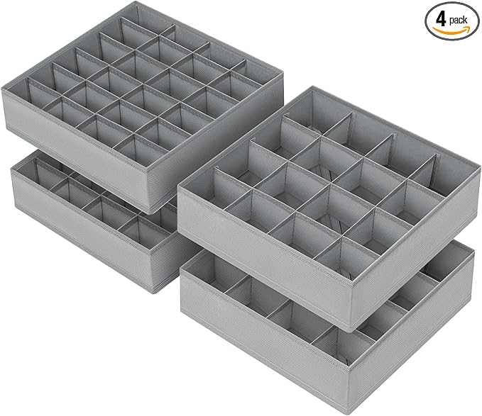 Joyoldelf Sock Drawer Organizer Divider 4 Packs Underwear Organizer, 2 x 24 Cell + 2 x 16 Cell Closet Organizers and Storage Sock Holders for Storing Socks, Handkerchiefs, Ties, Belts (Grey)