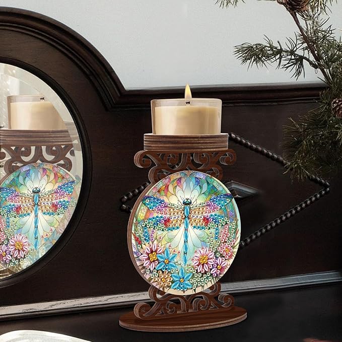 Diamond Art Painting Candlestick Holder kits, Dragonfly DIY shaped crystal Diamond art painting, woodiness Candle holder for AromaRelax & Home Decor, Christmas Halloween Ornaments (Double-Sided)
