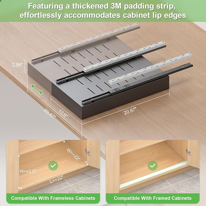 Expandable Pull-Out Cabinet Organizer - Black 21" D x Adjustable Width 12.6-20.47", No Drill Adhesive Installation with 3-Slide Rails for Kitchen Storage (2 Pack)