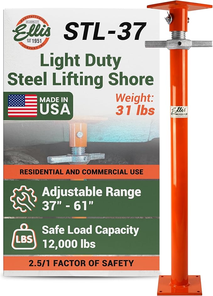 Ellis Manufacturing Light-Duty Steel Construction Jack - Adjustable Screw Jack Post for Floor Leveling, Beams, and Concrete - 12,000 lb Load Capacity - 37"-61" Adjustment, House Jacks for Leveling