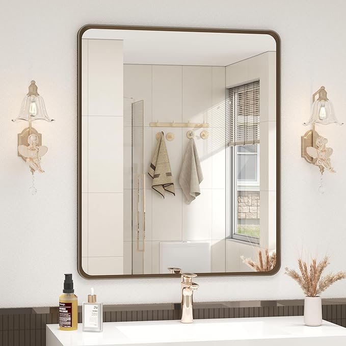 OKPAL 20x24 Bronze Bathroom Vanity Mirror, Brushed Metal Framed Bathroom Mirror, Rounded Bronze Rectangle Mirror for Farmhouse, Bedroom, Anti-Rust (Horizontal/Vertical)