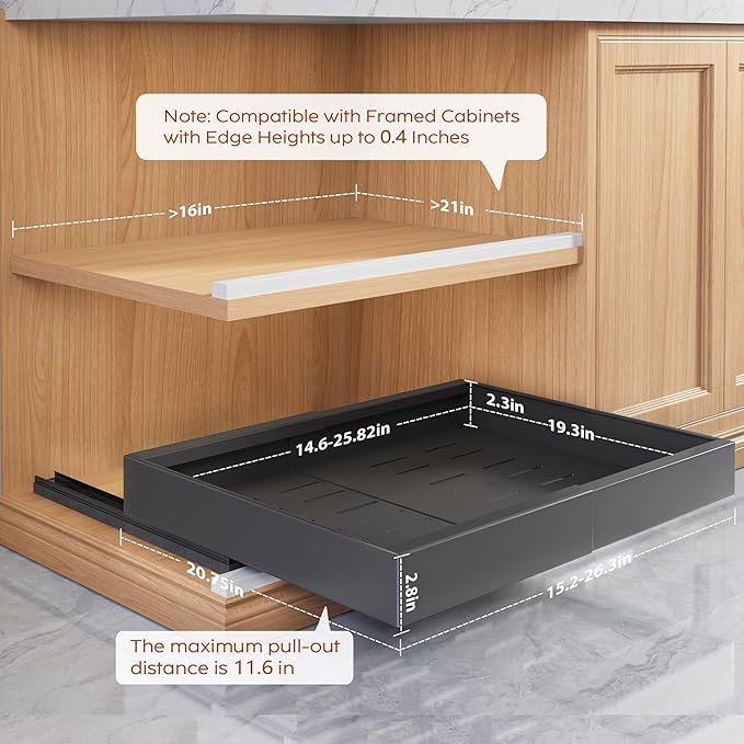 Seinloes 4 Pack Pull Out Cabinet Organizers 21" Deep With Raising Pad for Framed Cabinets, Expandable Width (15.2"-26.3") Slide Out Drawers Upgrade 3 Slide Rails, Roll Out Shelves Adhesive, Black