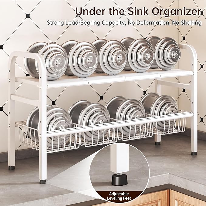 Under Sink Organizer 2 Tier,Height Adjustable Kitchen Cabinet Organizer with 4 Panels and 4 Baskets,Expandable Under Sink Shelf,for Kitchen,Bathroom, Laundry Pantry Cabinet,Apartment,White