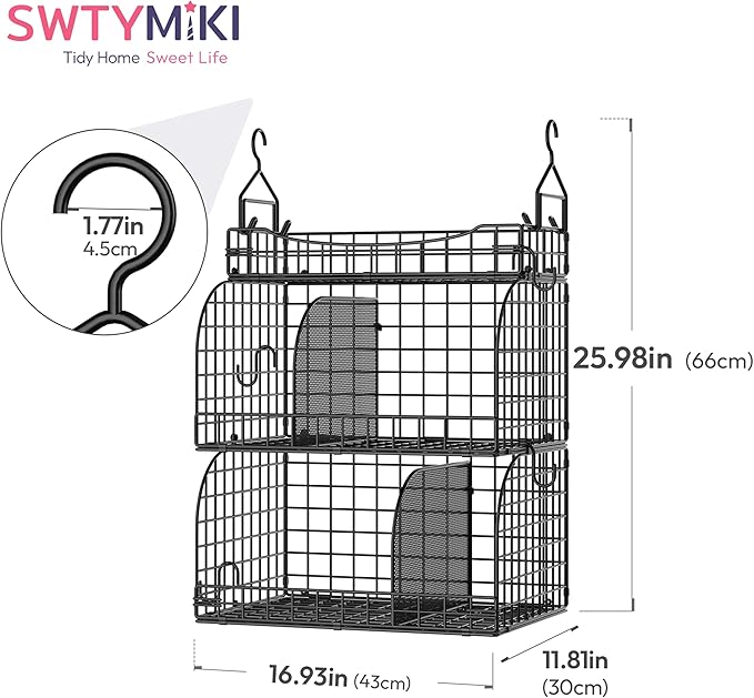 SWTYMIKI Hanging Closet Organizer Storage - 3 Tier Metal Stackable Hanging Closet Shelves with Dividers and S Hooks, Foldable Clothes Shelves for Clothes, Pants, Shoes, Coat, Hats Clutches Accessories