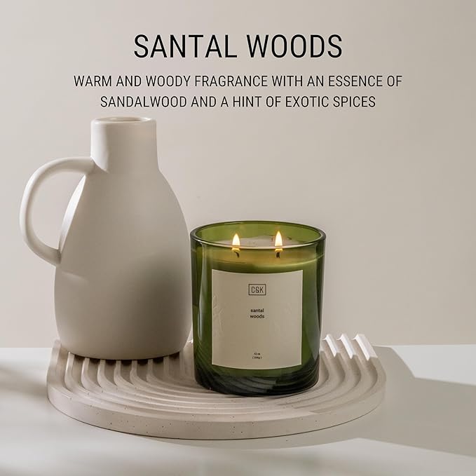 Craft & Kin 12oz Santal Woods Scented Candle for Home | Premium Green Winter Scented Candles for Men | Made with Natural Soy | Gifts for Men and Women | Nature Collection