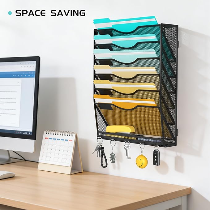 Delifox 7-Tier Wall File Organizer Hanging Wall File Holder Wall Mount Paper Folder Organizer, Mesh Mail Paper Orgnization Hanging File Folder Holder for Home Office, Black