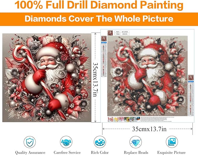 Diamond Art Kits for Adults, Christmas Santa Diamond Painting Kits for Beginners, 5D Full Drill Gem Art Paint with Diamonds Dots Crafts Kits for Home Decor Gift 14x14inch