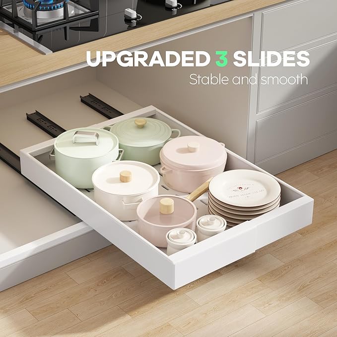 Seinloes 2 Pack Pull out Cabinet Organizer 21" Deep With Raising Pad for Framed Cabinets, Expandable Slide out Drawers for Kitchen Cabinets with 4pcs Divider Racks, Roll out Shelves 9"-14" W White
