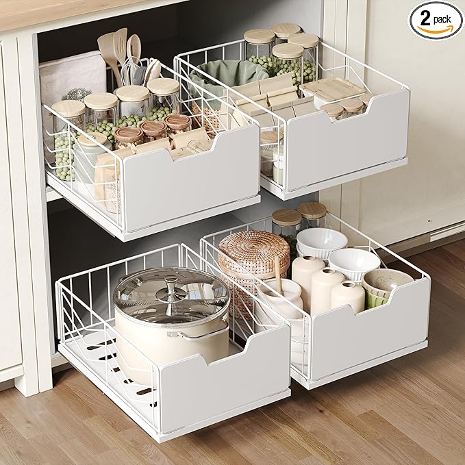 NETEL 2 Pack Pull Out Cabinet Organizer, Slide Out Drawers for Kitchen Cabinets, Pull Out Drawers Fixed with Adhesive Nano Film, Kitchen Cabinet Organizer, Pantry Organizers,11.8" W X 15.7" D X 6.9" H