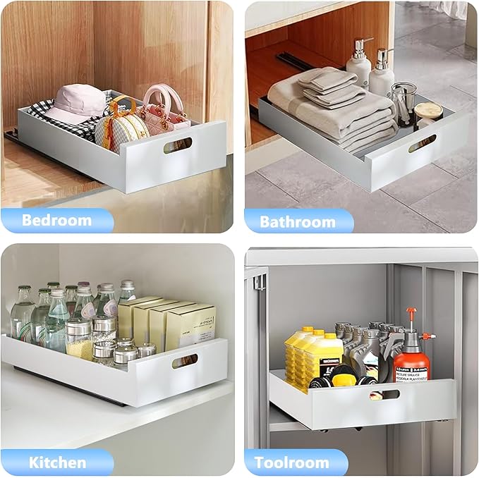 bealy 21'' Deep Pull Out Cabinet Organizer Adhesive, 10'' Wide Roll Out Cabinet Shelf Drawers for Face Frame or Frameless Cabinets, Sturdy Carbon Steel Kitchen Organizer for Pantry, Kitchen, Bathroom