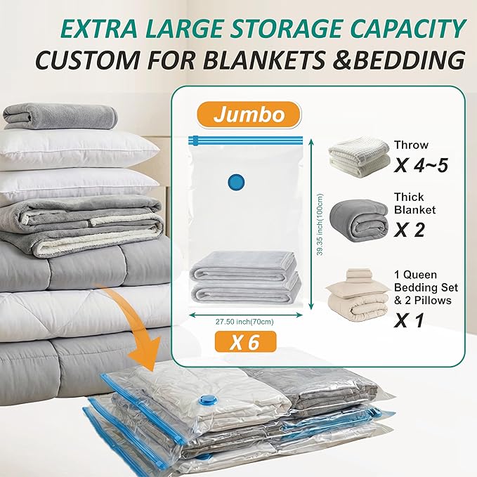 Cozy Essential Vacuum Storage Bags, 80% Compression Vacuum Seal Space Saver Plastic Packaging Bags for Clothes, Blankets, Pillow, Bedding, Comforters, Sealer Clothing Storage,6 Jumbo