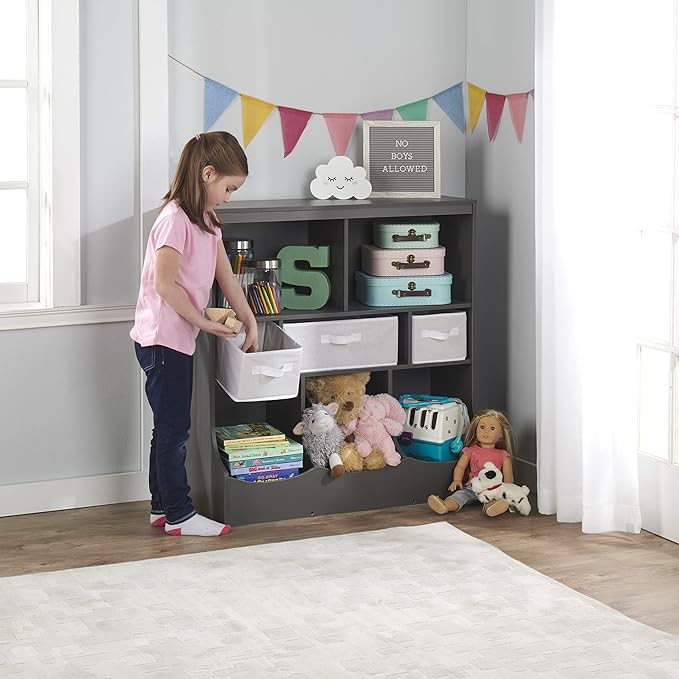 Badger Basket Combo Toy Storage Organizer and Bookshelf - Kids Storage Unit with 3 Removable Baskets, Open Shelves, Top Display Surface - Charcoal