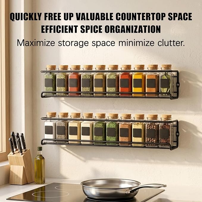 Carbon Steel Wall-Mounted Kitchen Spice Rack,Wall-Mounted Spice Rack Heavy-Duty Space-Saving Organizer with Adhesive or Screw Mountable, for Cabinet Doors, Pantry Walls (4Pcs Silver)