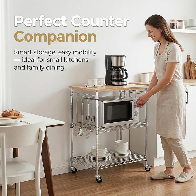 Finnhomy 3-Tier Rolling Kitchen Cart, Microwave Cart with Oak Wood Tabletop and Drawer Slider, Coffee Cart & Food Service Cart with Hooks, Chrome
