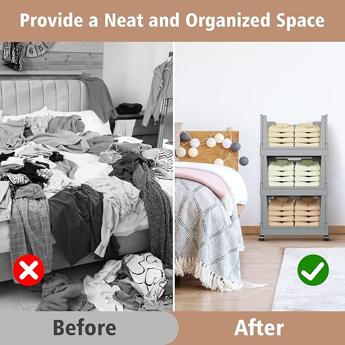 Stackable Storage Bins, Foldable Closet Organizers and Storage Bins Box, Plastic Shelves Drawer Organizer Container for Closet Office Bedroom Kitchen Bathroom with Wheels, Grey, 3 Pack