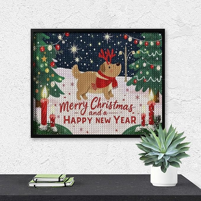 Diamond Painting Kits for Adults - Merry Christmas And Happy New Year Red Antlers & Scarf Painting DIY 5D Full Drill Diamond Dots Paintings with Diamonds Gem Art And Crafts Home Decor 16"x20"