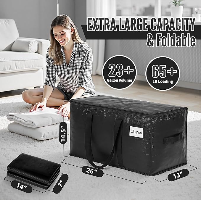 BAGAIL Heavy Duty Moving Bags with Strong Handle, Extra Large Moving Boxes, Storage Tote for Clothes, College Moving Supplies(Black, 8 Pack)