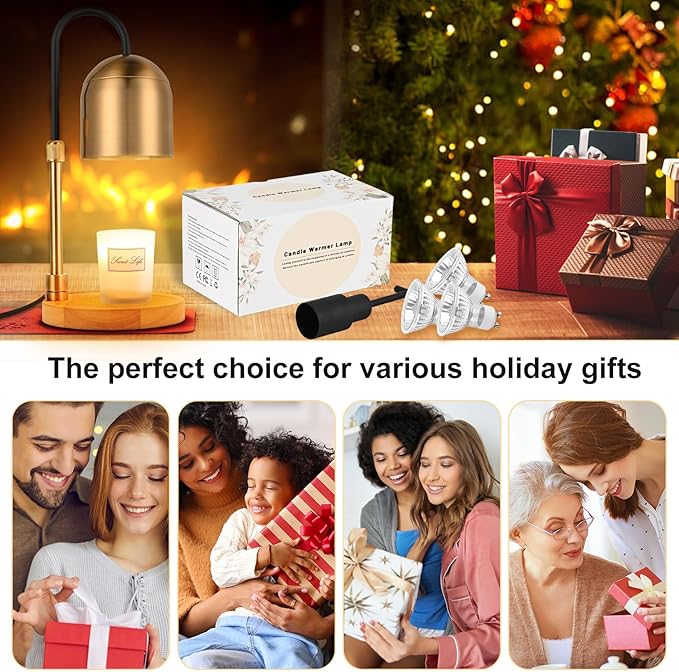 Candle Warmer Lamp with Timer & 3 Bulbs, Dimmable Electric Candlelight Adjustable Height and Brightness Candle Wax Warmer for Jar Candles Bedroom Home Decor House Warming Gift for Women (Round Gold)