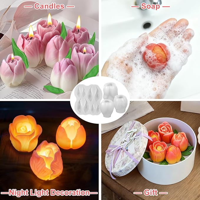 4 PCS Tulip Candle Molds with Leaf Mold, 3D Tulip Flower Silicone Molds for Candles Making Handmade Soap Clay Plaster Epoxy Resin Casting Home Decorations Mothers Day Gift