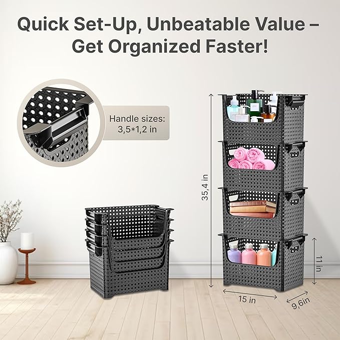 Skywin TidyFriend Stackable Storage Bins for Pantry 4 Pack, Stackable Bins For Organizing Food, Kitchen, and Bathroom Essentials (Circle with Handle)(Black)