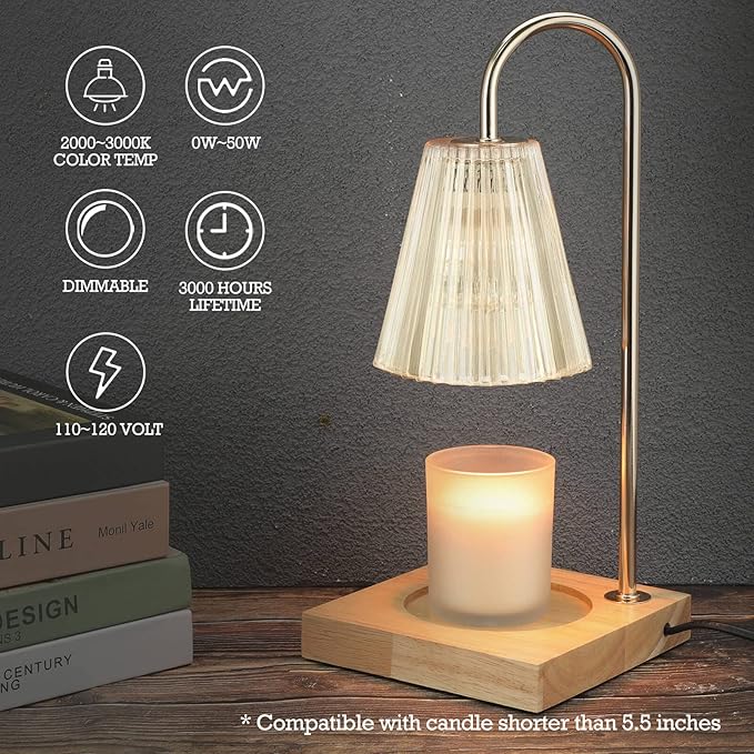 Candle Warmer Lamp with Timer, Vintage Electric Candle Lamp Warmer, Mothers Day Presents for Mom, House Warming Decor, Dimmable Candle Melter for Scented Wax, Clear