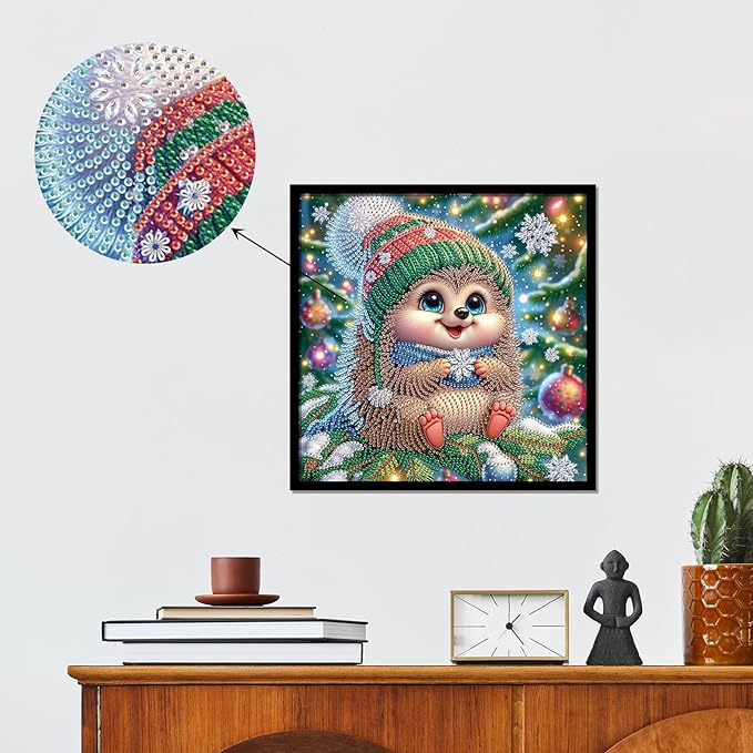 antor Christmas Diamond Painting Kit, 5D Special Shape Diamond Art for Adults, Cute Hedgehog on Christmas Tree DIY Crystal Rhinestones Diamond Painting, Holiday Wall Decor, Winter Home Decoration