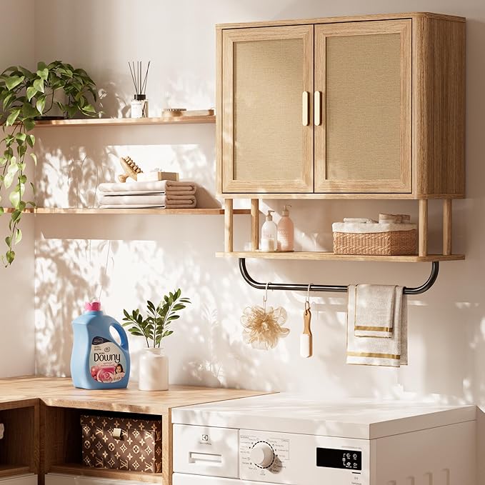 INNOD Rattan Bathroom Wall Cabinet with Towel Bar, Wall-Mounted Medicine Cabinet with Adjustable Wood Shelf & Doors, Over The Toilet Storage Cabinet for Laundry Room & Kitchen & Living Room