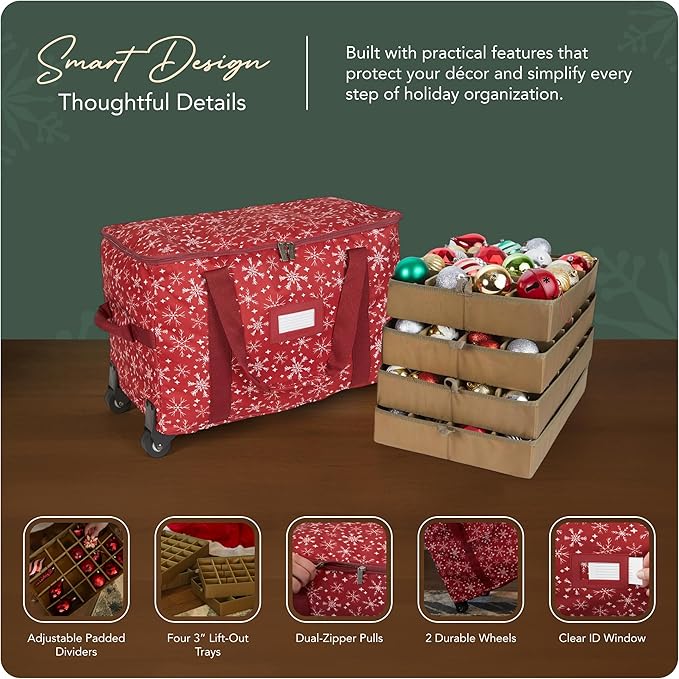 Covermates Keepsakes Rolling Adjustable Ornament Storage Bag – Heavy-Duty Polyester, FlexGrid Trays & Padded Dividers – Protective Holiday Organizer with Wheels, Handles & ID Window, Red Snowflake