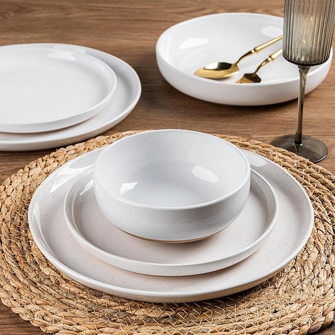 AmorArc Ceramic Dinnerware Sets with Pasta Bowls for 8, Handpainted Plates and Bowls Set with Rustic Terracotta Underside, Scratch Resistant Dishes Set, Dishwasher & Microwave Safe, 32 Pcs