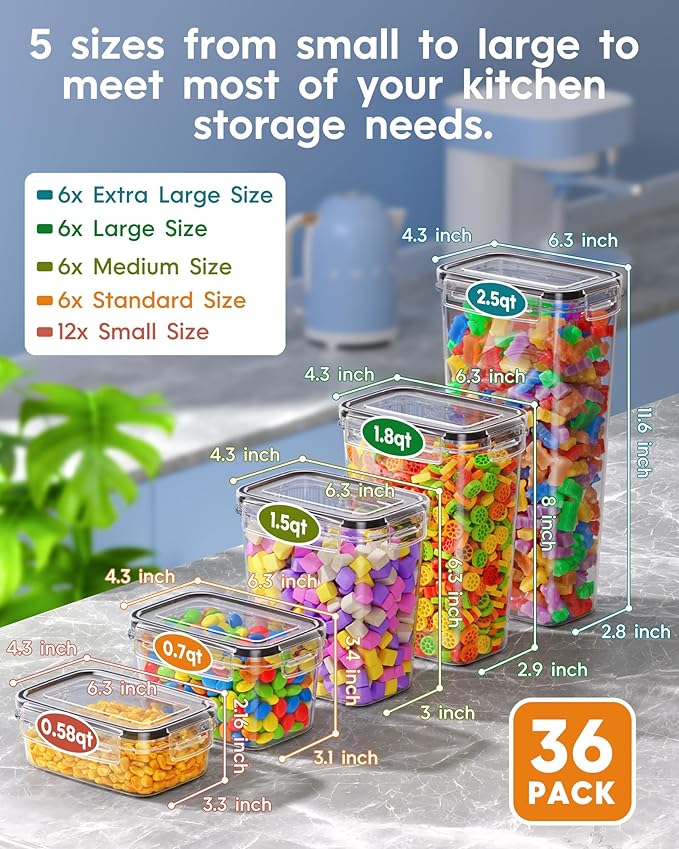 36 PCS Airtight Food Storage Containers with Lids, Kitchen Pantry Organization and Storage, BPA-Free Plastic Scale Food Canisters for Cereal, Flour, Sugar, Dry Food, Include Labels & Marker