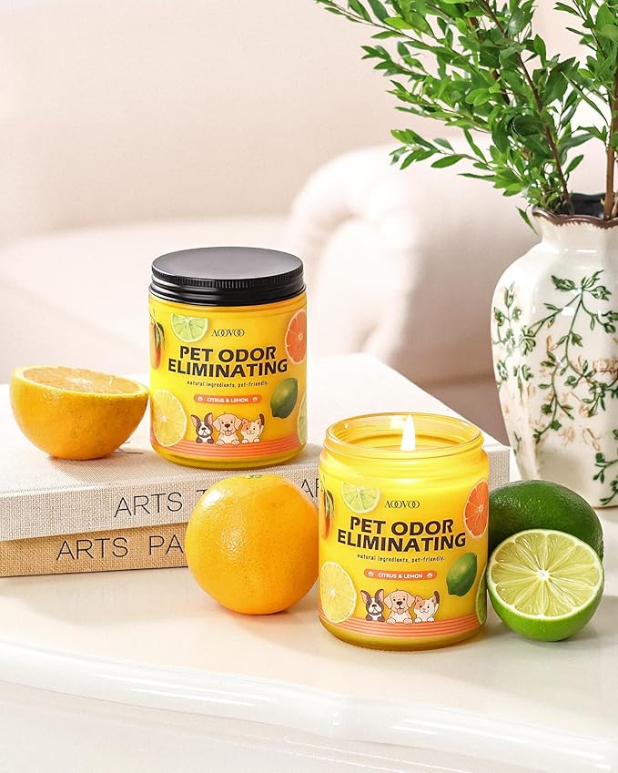 AOOVOO 2 Pack Lemon Citrus Pet Odor Eliminating Highly Fragranced Candle - Eliminates 95% of Pet, Smoke, Food, and Other Smells Quickly, Air Freshing Soy Candle