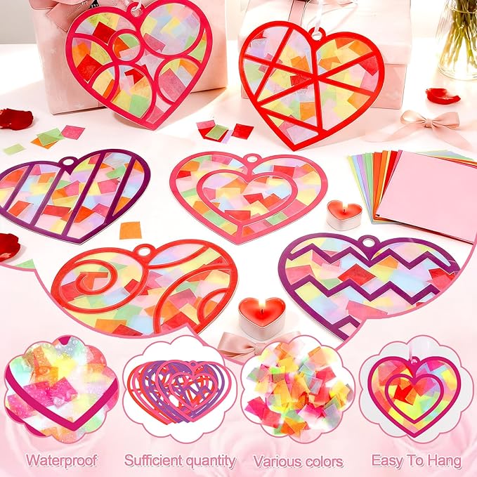 Qyeahkj 36 Set Valentine's Day Suncatchers Craft Kit DIY Heart Window Stained Glass Effect Paper Pink Love Window Tissue Paper Craft School Classroom Home Decor Valentines Art Supplies Kids Favor Gift