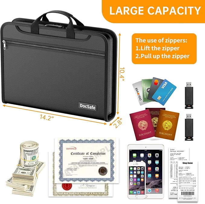 DocSafe 5200°F Accordion File Organizer with Lock,Fireproof Water Resistant Expanding File Folder with Multi Pockets,Document Organizer Home Office Travel Safe Storage for Letter Size Files,Black