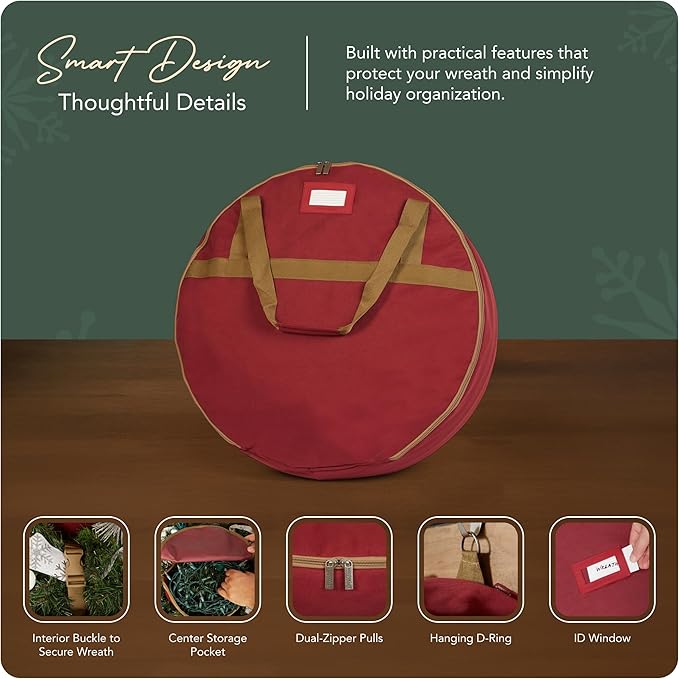 Covermates Keepsakes Wreath Storage Bag – Heavy-Duty Polyester with Buckle Straps & Interior Pouch – Protective Holiday Wreath Organizer with Handles, D-Ring & Label Window, Red