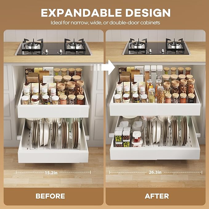Seinloes 2 Pack Pull out Cabinet Organizer 21" Deep With Raising Pad for Framed Cabinets,Expandable (15.2"-26.3"W) Slide out Drawers for Kitchen Cabinets with 4pcs Divider Racks,Roll out Shelves,White