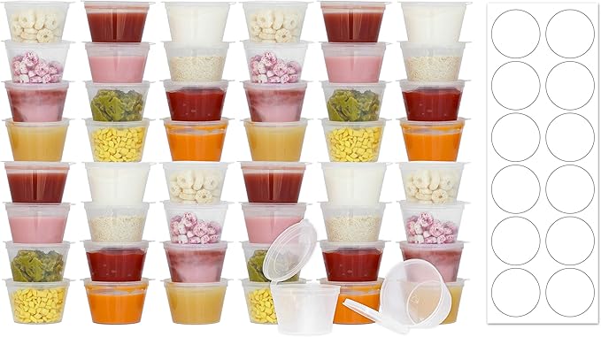 50 Pack BPA-Free Disposable Baby Food Freezer Storage Containers Hinged Lids (3 oz) Labels | Leak-Proof | Travel Snack Cups | Store Homemade, Organic Purees | Freezer Dishwasher Safe
