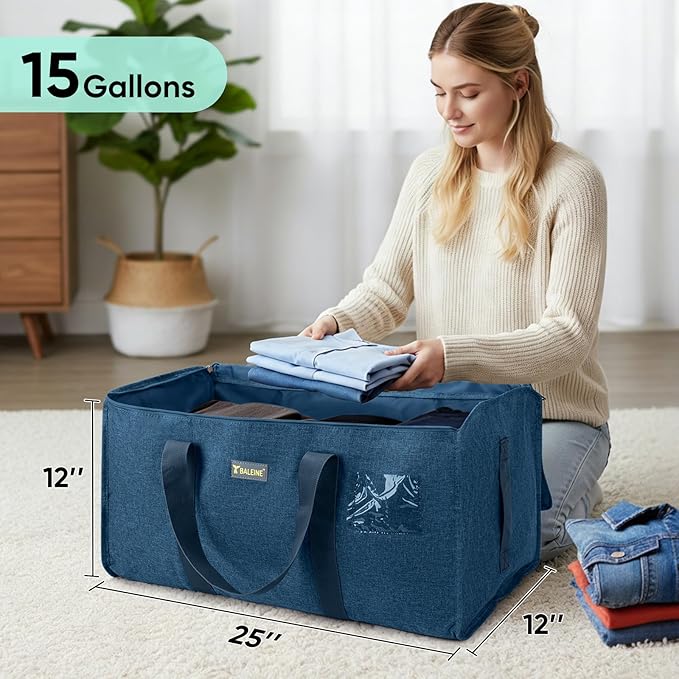 BALEINE Extra Large Storage Tote with Zippers & Carrying Handles, Heavy-Duty Oxford Fabric Moving Bags for Laundry, Space Saving, Storage, Denim Blue