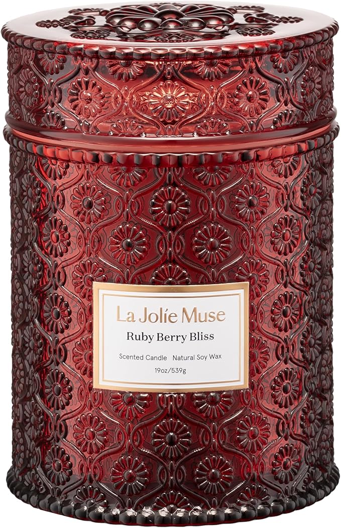 LA JOLIE MUSE Ruby Berry Bliss Scented Candle | Mandarin, Cranberry & Plum | 19 oz Natural Soy Candle | Wooden Wick | 90-Hour Clean Burn | Cozy Home Decor