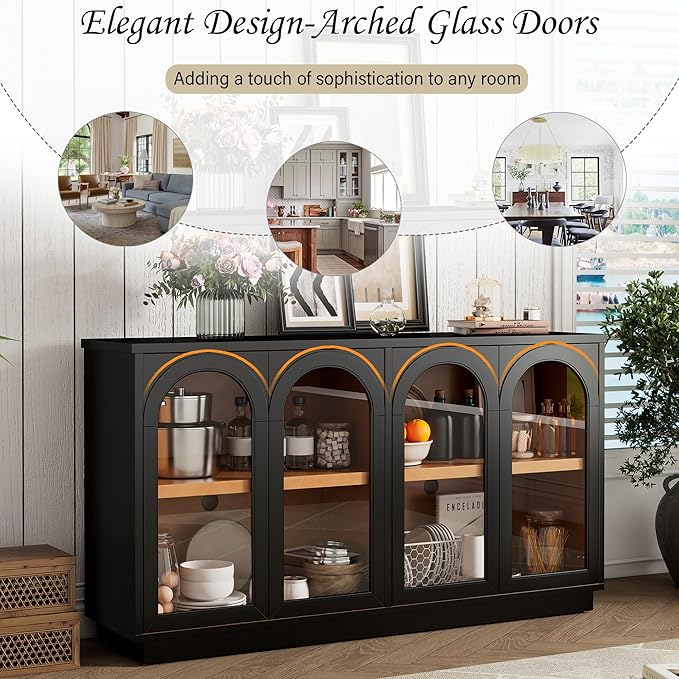 Amposei 57.7-Inch Vintage Sideboard Cabinet 4 Glass Door Storage Cabinet Buffet Console Table with Adjustable Shelves for Kitchen Entryway Dining Living Room, Black