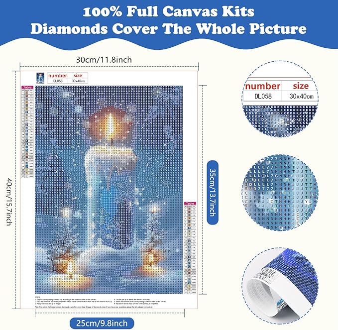 SENQAO Candles Diamond Art Kits for Adult, Christmas Diamond Painting Kits for Beginners, DIY Full Drill Winter Holdiay Rhinestone Diamond Dots Gem Painting Art Craft Home Decor 12 x16 Inch