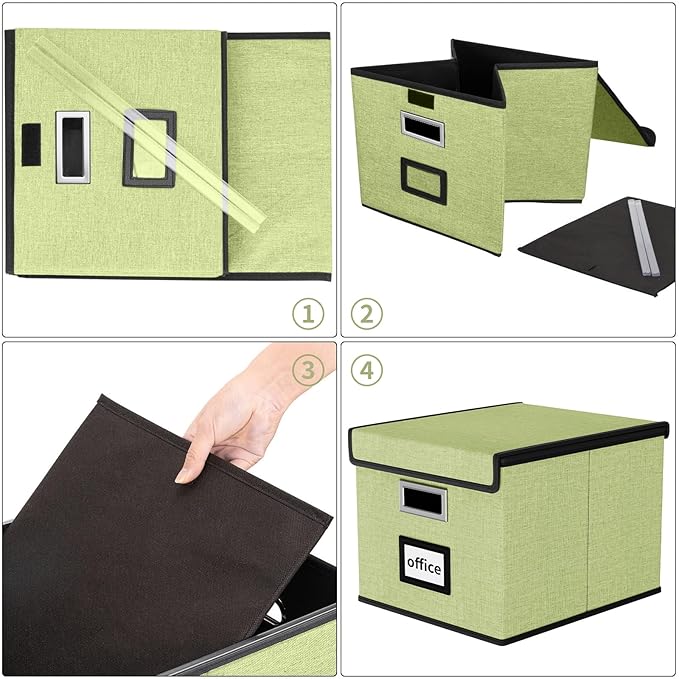 Huolewa File Organizer Box with Lid, Collapsible File Folder Organizer for Office Document Storage, Filing Box with Plastic Slide for Letter Size Hanging File Folders(1 Pack, Green)