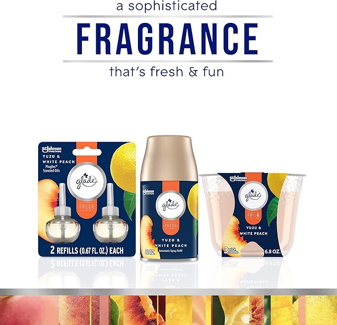 Glade 3-Wick Scented Candle Jar, Yuzu & White Peach, Air Freshener Infused with Essential Oils, 6.8 Oz, 3 Count