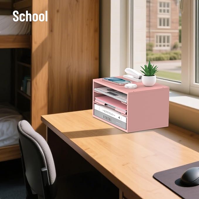 Wood Desk Organizer, 3 Tier Paper Tray Organizer for Desk with Adjustable Storage Shelves, Desktop File Organization Paper Sorter Mail Holder for Office Home Classroom, Pink