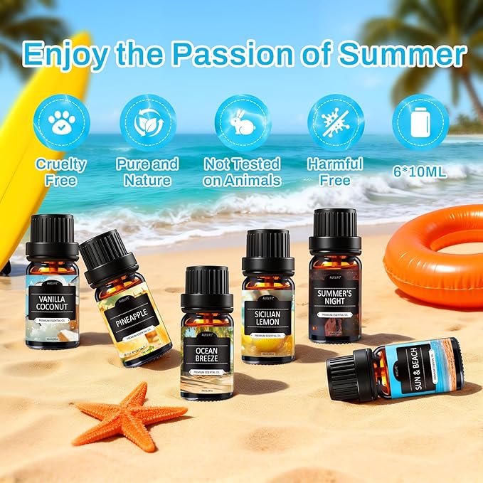 Summer Essential Oils for Diffusers for Home, 6X10ml Fragrance Oils Set, Aromatherapy Oils for Candles Making - Coconut, Pineapple, Beach, Breeze, Lemon, Summer Night | Gift Set for Women, Home, Spa
