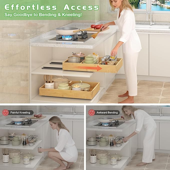 Bamboo Pull Out Cabinet Organizer, 14" W x 21" D No Drill Adhesive Slide Out Drawers, Pull Out Shelves for Kitchen Pantry Bathroom Storage