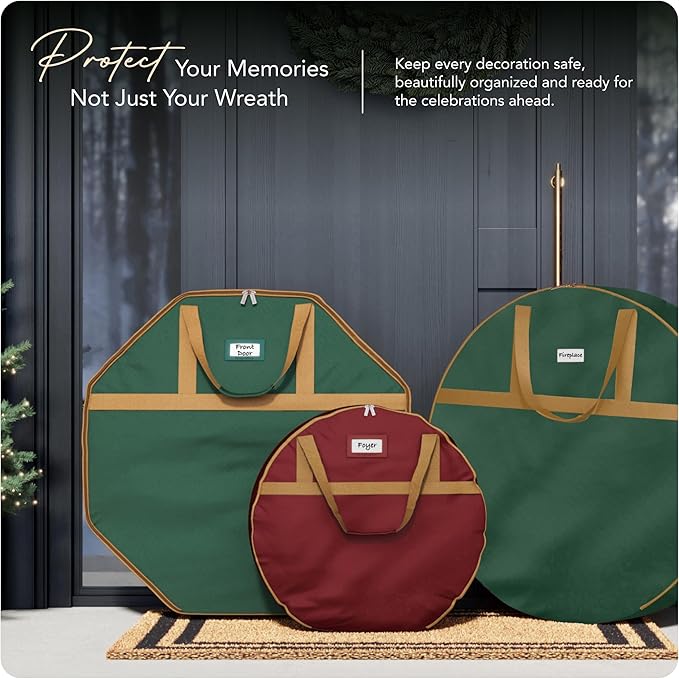 Covermates Keepsakes Wreath Storage Bag – Heavy-Duty Polyester with Buckle Straps & Interior Pouch – Protective Holiday Wreath Organizer with Handles, D-Ring & Label Window, Red