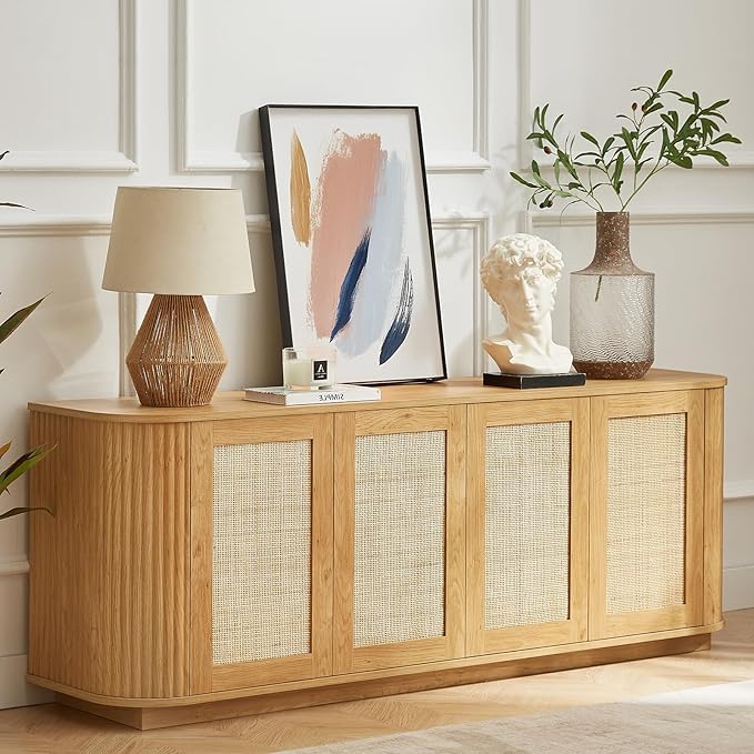 64" Sideboard Buffet Rattan Cabinet, Modern Fluted Credenza with Adjustable Shelves, Wooden Storage Cabinet TV Stand for Living Room Kitchen Dining Room Hallway, Natural