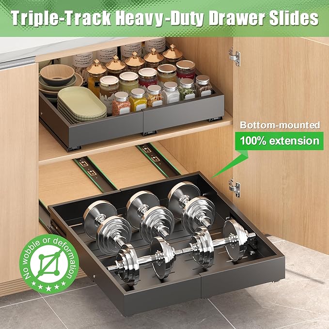 1 Pcs Pull Out Drawers for Cabinets Organizer Expandable Width(11.8"-19.4"), Depth(16.45"-21.7") With 3 Rails, No Drill Roll Out Drawer, Adhesive Sliding Drawers (Black)