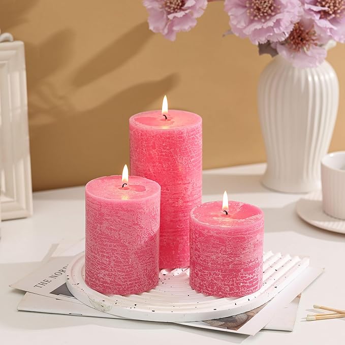 3x3 Inch Pink Pillar Candles Set of 3 - Hand-Poured Unscented Candles, Long Clean Burning, Smokeless Dripless Candle for Dinner Table, Home, Bathroom, Wedding, Valentines Day Decor