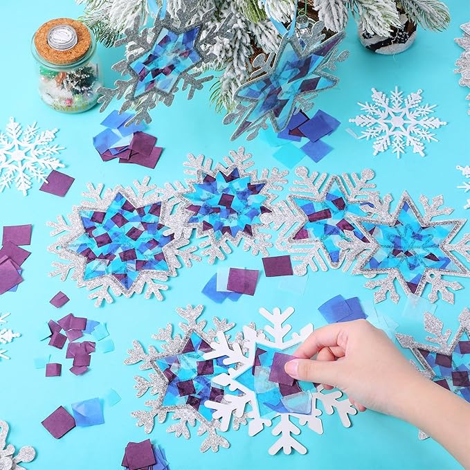 Tinlade 32 Set Winter Snowflake Craft Kit DIY Snowflakes Suncatchers Window Stained Glass Tissue Paper Glitter Blue Hanging Ornaments Decorations Make Your Own Xmas Winter School Activities